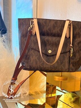 Michael Kors Brown Signature MK Logo Tote Shoulder Bag Tan Faux Leather
